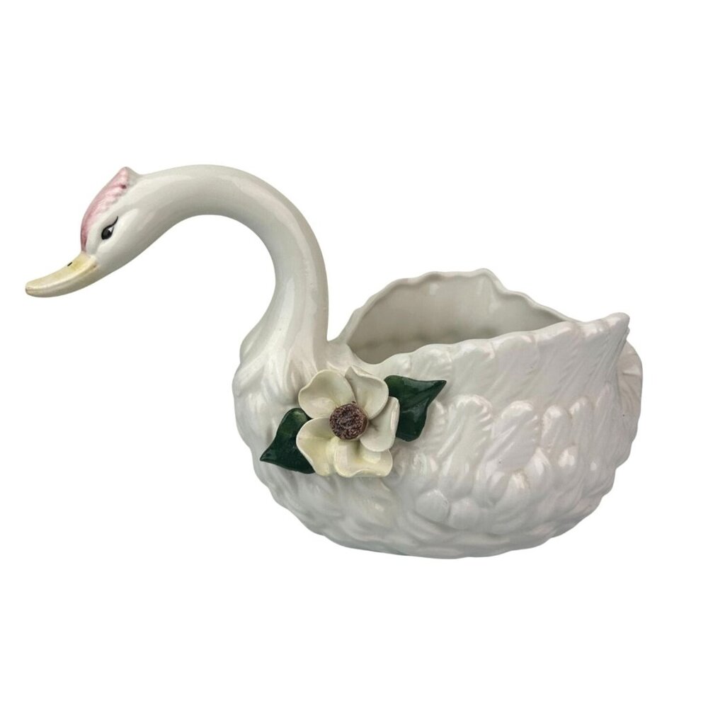 Capodimonte Italy Swan Planter Ceramic White Flower Pink Accent Home VTG READ